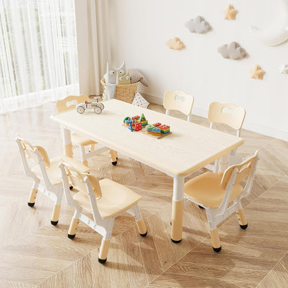 Toddler Table and Chair Set, Height Adjustable Kids Table and 6Chairs, Toddler Activity Table with Storage Boxes,Wipeable Graffiti Wood Grain Desktop,12Water Pens Included for Classroom, Natural Wood