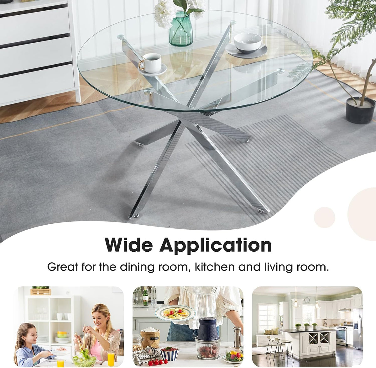 Round Glass Dining Table Set for 4, Small Kitchen Table Set for 4, 47" Round Glass Table and Chairs Set of 4, 5 Piece Round Dining Room Table Set w/Navy Blue Velvet Chairs for Breakfast Dinette Cafe