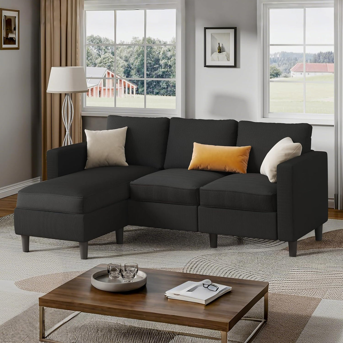 Shintenchi L Shaped Sectional Sofa Couch,Convertible Modular Sofas with Movable Ottoman,3-Seat Upholstered Corduroy Couch,Small Couches for Living Room,Apartment,Office(Black)