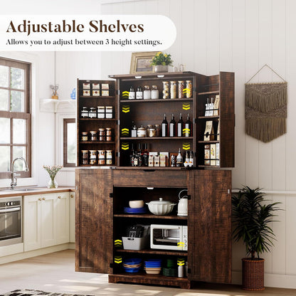HOMPUS 71" Tall Kitchen Pantry Cabinet with Doors and Drawer, Farmhouse Storage Cabinet with Adjustable Shelves, Rustic Wood Cupboard for Kitchen, Dining Room, Living Room, Bathroom, Rustic Brown