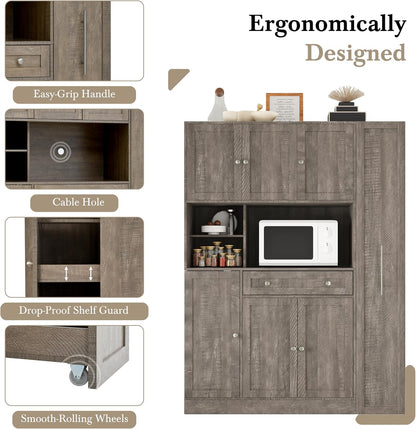 roomfitters Large Kitchen Pantry Cabinet with Pull-Out Side Storage and Hutch, Shaker Style Buffet, Brown