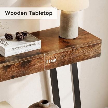 LITTLE TREE 41-Inch Console Table with Geometric Metal Frame, Rustic Brown, Entryway Tables, Storage Shelves, 2-Tier, Industrial, Hallway Sofa Table, Accent Table, Living Room
