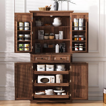 71" Tall Kitchen Pantry Cabinet, Freestanding Storage Cupboard with 3 Pull-Out Organizers, 6 Door Shelves & 2 Drawers, Embossed Texture Finish, for Kitchen Dining Room (Brown 4 doors 2 drawers +MDF)