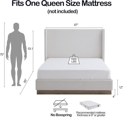 53" Majestic Wingback Bed Frame Queen - Premium Cream White Boucle Upholstered Platform Bed with Gray Oak Wood Base, 1000lbs Heavy Duty, No Box Spring Required（Queen U.S. Standard