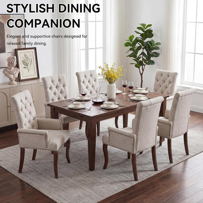 Farmhouse Upholstered Dining Chair Set of 2 with Arms & Nailhead Trim, Tufted Chenille Kitchen Chairs with Solid Wood Legs, Accent Chair for Dining Room, Living Room & Bedroom, Beige