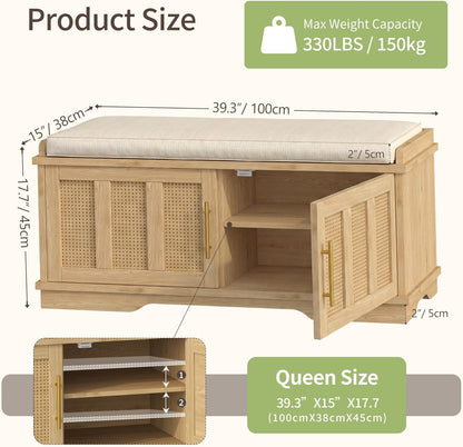 Heybly Shoe Cabinet with Bench, Rattan Entryway Storage Bench with Cushion, Shoe Storage Bench Cabinet with 2 Doors, Adjustable Shelves, Wooden Shoe Bench 39.4" for Living Room Bedroom Hallway HSB002N