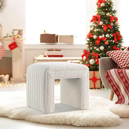 Get Set Style Vanity Stool Chair, Fully Assembled Modern Boucle Ottoman Footstool with Wooden Legs, Multifunctional Upholstered Sofa Bench Extra Seat for Makeup Room Living Room Entryway Office, White