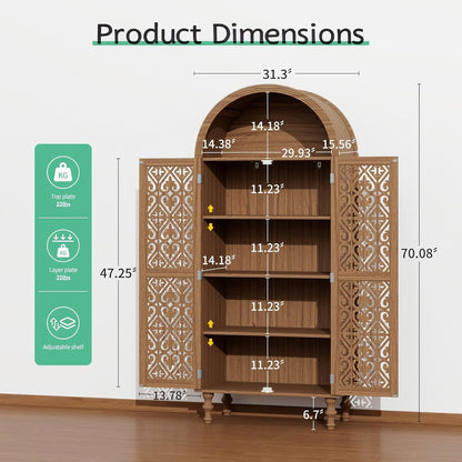 70" Tall Arched Kitchen Pantry with 5-Tier Storage Space, Boho Storage Cabinet with Hollow Carved Door, Modern Farmhouse Versatile Cupboard for Kitchen, Dining Room, Living Room, Walnut, 1 PCS