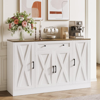 Buffet Cabinet with Storage, 55" Large Sideboard Storage Cabinet with Drawer, 4 Doors and Shelves, Modern Farmhouse Coffee Bar Table Kitchen Island Credenza for Kitchen, Entryway, Dining, Living Room