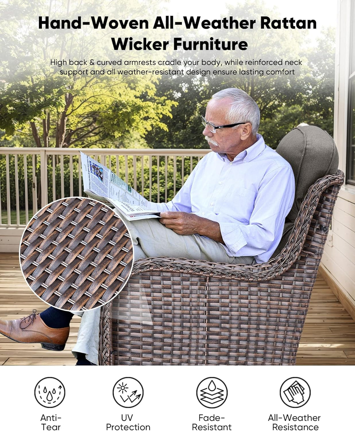 HUMMUH Wicker Patio Furniture High Back Swivel Rocker Patio Chairs Outdoor Bistro Set with Ottomans Side Table for Porch Garden Deck