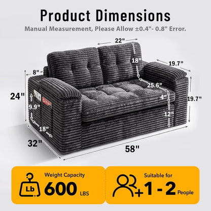 Loveseat Sofa for Living Room, Small Cloud Couch with Double-Density Foam Support, Removable Washable Corduroy Cover & 4 Pillows, Comfy Floor Sofa, Compact Couch for Small Spaces, Dark Grey