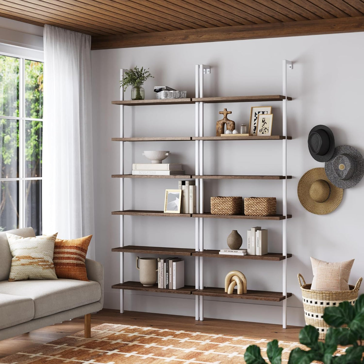 Nathan James Theo 6-Shelf Tall Bookcase, Wall Mount Bookshelf with Natural Wood Finish and Industrial Metal Frame, Rustic Oak/White, Set of 2