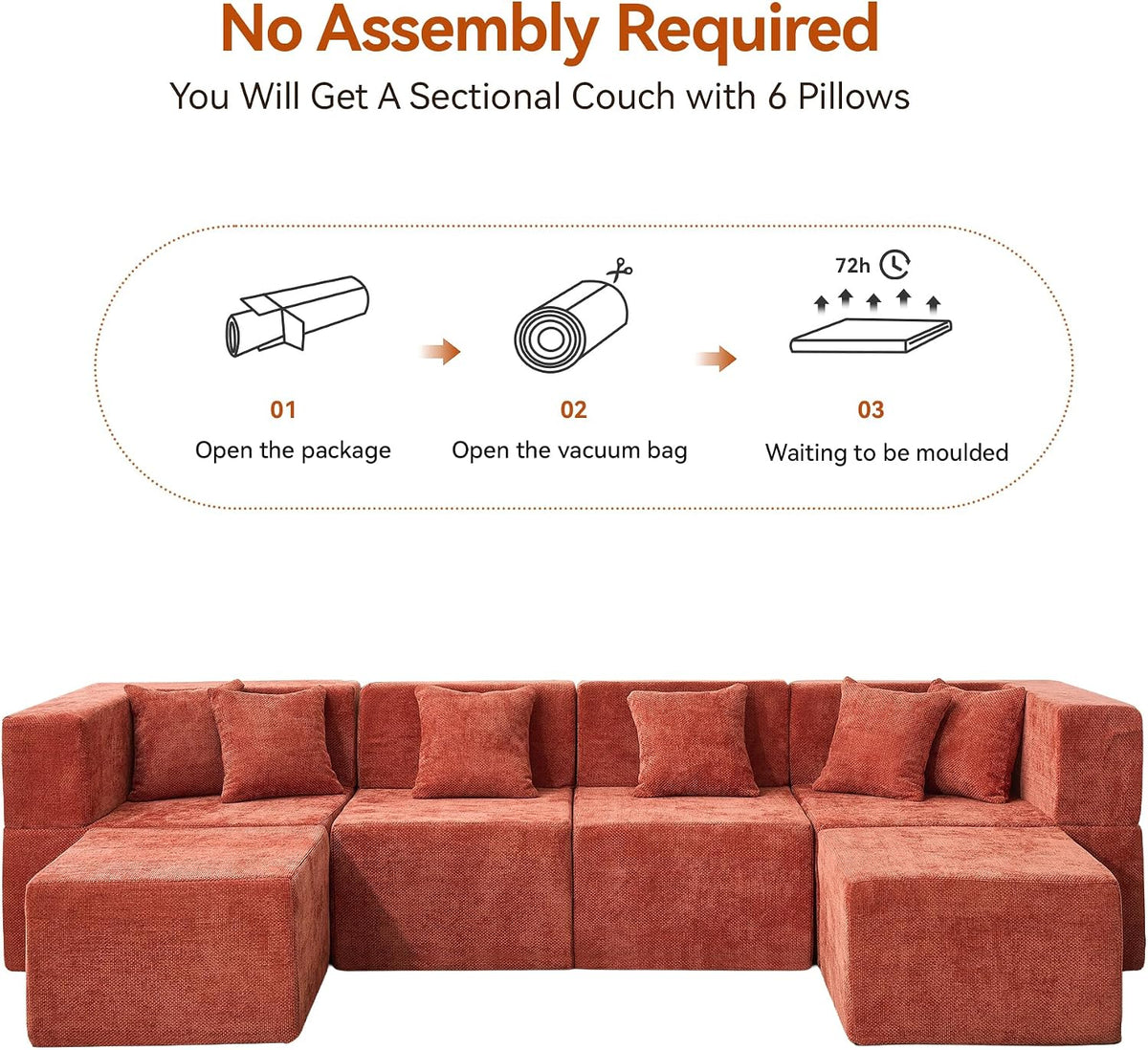 MONVANE Modular Sectional Cloud Couch for Living Room - 130'' 6 Seater Convertible Chenille Couches Set with Ottoman, No Assembly Compression Sofas, Comfy Floor Sofa with Memory Foam, Rust Red