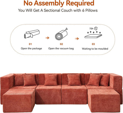 MONVANE Modular Sectional Cloud Couch for Living Room - 130'' 6 Seater Convertible Chenille Couches Set with Ottoman, No Assembly Compression Sofas, Comfy Floor Sofa with Memory Foam, Rust Red