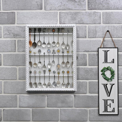 Ikee Design Wooden 30-Souvenir Spoon Display Case Cabinet, Wall-Mounted Tea Spoon Rack with Tempered Glass Door Suitable for Collection Display, Antique White Color, 13.4W x 2.6D x 15.7H in
