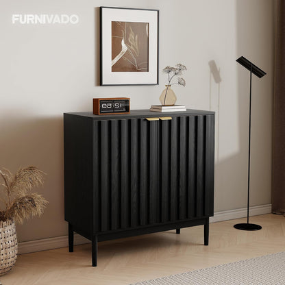 Fluted Cabinet with Storage, Buffet Cabinet Sideboard with 2 Doors, Black Buffet Storage Accent Cabinets with Adjustable Shelves for Living Room, Entry, Hallway, Kitchen