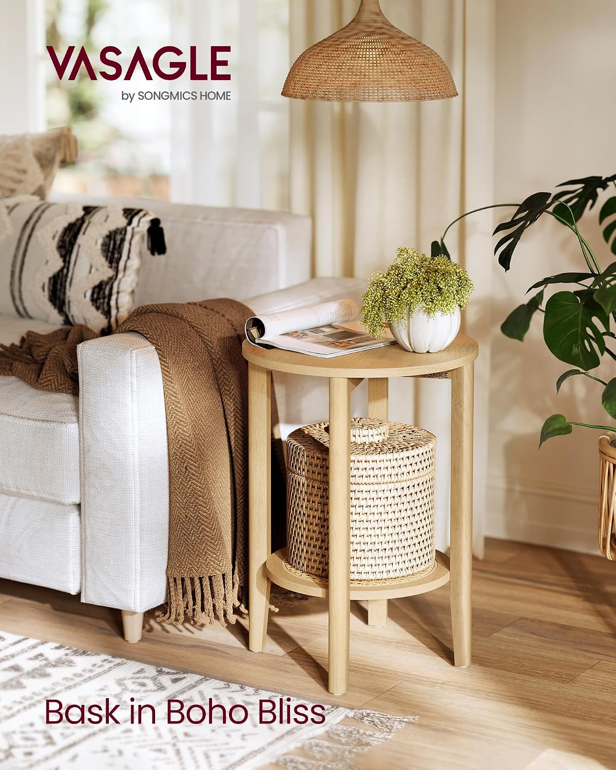 VASAGLE Round Side End Table, 2-Tier Boho Bedside Table with Rattan-Look Storage Shelf, Nightstand for Small Spaces, for Living Room, Bedroom, Home Office, Oak Beige ULET296Y01