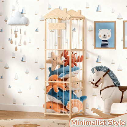 AMBIRD Stuffed Animal Storage, Wood Stuffed Animal Zoo Holder, Large Kids Toy Organizers, Plushies Storage for Boys Girls Bedroom, Playroom, Nursery (15.75 x 15.75 x 55 inch)
