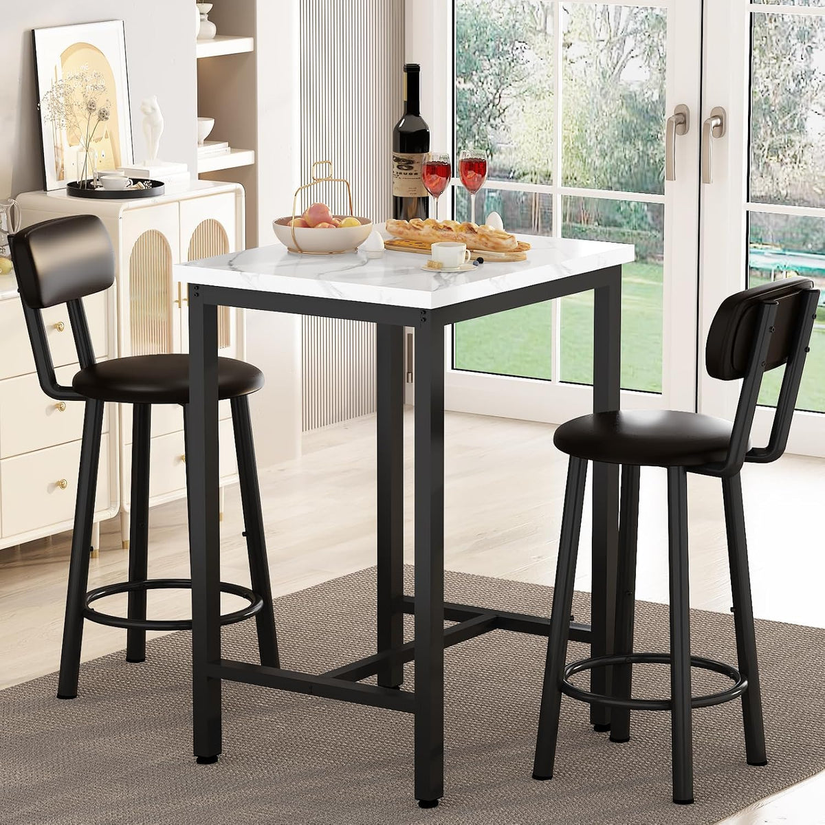 DKLGG Dining Table Set for 2, 24" Square Kitchen Table and Chairs Set with MDF Tabletop & 2 PU Leather Chairs, Bar Pub Dining Set for Small Space Bar Kitchen Living Room Apartment, White