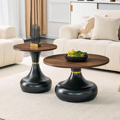 Nesting Coffee Table Set of 2, Modern Rustic Round Wood Center Table Set | French Luxury Circle Tea Table Set with Pedestal Base for Living Room, Apartment, Bedroom, Reception Room, Black and Walnut