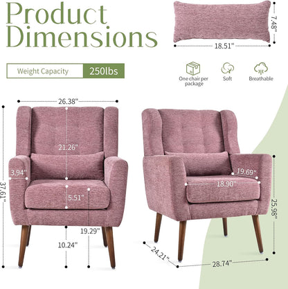 cinkehome Accent Arm Chairs for Living Room, Chenille Upholstered Mordern Armchair, Comfy Soft Padded Lounge Chair in Small Spaces, Bedroom, Pillow, Solid Wood Leg, Purple