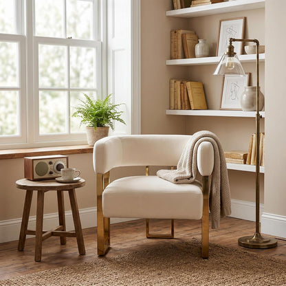 Barrel Accent Chair, Living Room Side Chair with Golden Metal Legs, Soft Velvet Upholstered Reading Armchair for Bedroom, Modern Club Chair for Reception Room/Lounge/Office, Ivory
