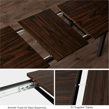 Feonase 5-Piece Dining Table Set for 4-8 People, 63" Extendable Kitchen Table Set with 2 Benches and 2 Square Stools, Dining Room Table with MDF Wood Board, Easy Clean, Dark Brown