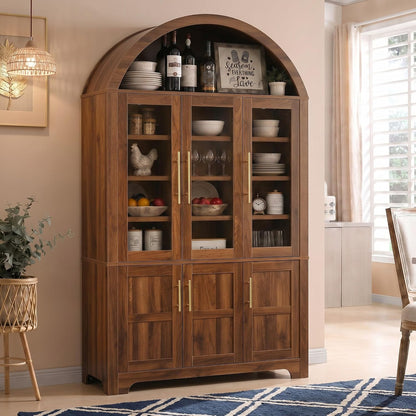 Merax 72.8" H Arched Kitchen Pantry with 3 Glass Doors, Kitchen Cabinet with Door Shelves and Adjustable Shelves, Wooden Cupboard for Dining Room, Living Room or Kitchen, Walnut