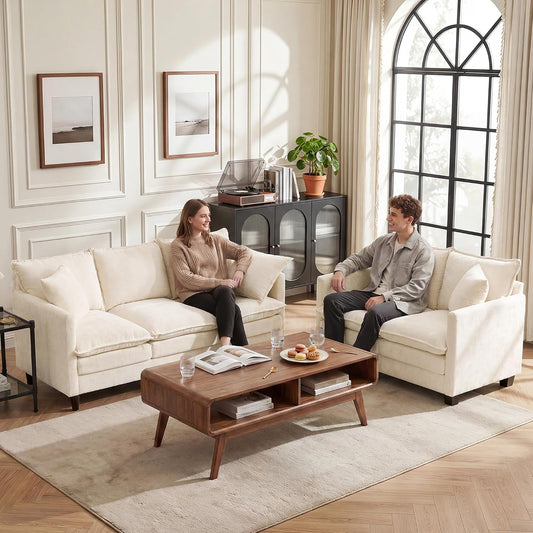 3 Seater Couch & Loveseat Sofa 2 Piece Set, Small 50" Love Seat & 69" Cloud 3 Seat Couch Sofa Set Washable Chenille Pillow Living Room Set for Apartment Office 50-Beige-3+2