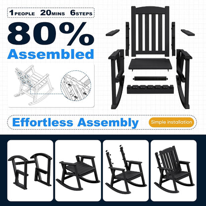 Devoko PP Material Rocking Chair Outdoor Indoor All Weather High Back Patio Rocker for Adult Heavy Duty Rocking Chair for Patio Backyard Porch Garden (Heavy Duty, Black)