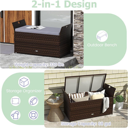 RELAX4LIFE Wicker Outdoor Storage Bench - 68 Gallon Rattan Deck Box w/Side Handles & Soft Cushion for Pillows, Garden Tools, Pool Accessories, Sports Equipment, Patio Bench with Storage for Porch