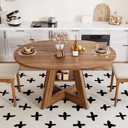 43.3in-59in Extendable Dining Table for 4-6, Round Kitchen Dining Room Table with Removable Leaves Space Saving, Space Saving, Wooden Cross Base with Storage Shelf for Kitchen Living Room (Walnut)