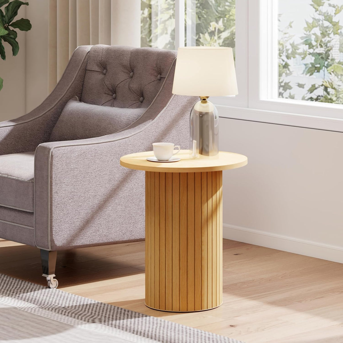 Small Round Side Table, Fluted Drum Pedestal End Table, Wood Plant Stand for Small Spaces, Modern Home, Bedroom, and Living Room Desk Furniture, Nature
