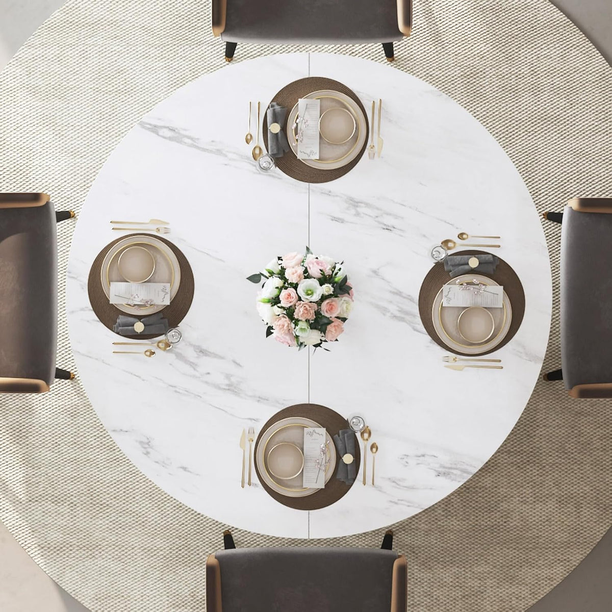 IBF 47" Round Dining Table with Storage, White Faux Marble Kitchen Tables for 4-6 People, Modern Dining Room Table with Fridge Space, Wood Circle Dinner Tables for Home, White Marble, Only Table