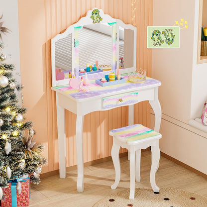 JOYMOR Luminous Unicorn Kids Vanity, 2-in-1 Toddler Vanity, w/Tri-Fold Mirror, 1 Drawer, Kids Vanity Table and Chair Set for Girls, Perfect Birthday