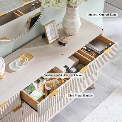 OKD Fluted Storage Cabinet with Drawers, 60" Morden Buffet Sideboard Coffee Bar Cabinet with 4 Doors and 3 Drawers for Dining Room, Living Room,Hallway (White Alder)
