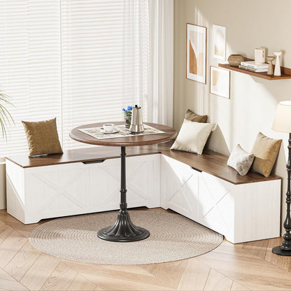 L Shaped Storage Bench, 63" Corner Bench with Storage, Breakfast Nook Bench with 3 Hidden Flip-Top Compartments, Backless Dining Bench for Kitchen, Entryway, Dining Room, Walnut White