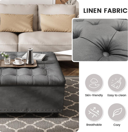 FUXA 35" Large Square Ottoman with Storage and Lift Top, Wood Legs, Gray | Oversized Coffee Table, Tufted Upholstered Bench, Sturdy Construction, for Living Room