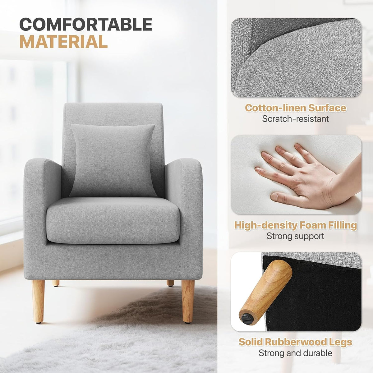 Magshion Mid-Century Accent Chair for Living Room, Comfy Reading Chair for Bedroom, Upholstered Linen Fabric Armchair Single Sofa with Back Pillow & Wood Legs, 300 lbs Capacity, Gray