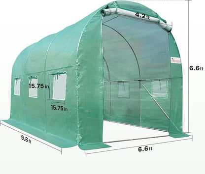 KING BIRD Premium 10x6.6x6.6FT Greenhouse for Outdoors, Large Walk-in Heavy Duty Galvanized Steel Frame, Mesh Door Screen Window Upgraded Zipper Tunnel Hoop for Garden Plant Winter, Green