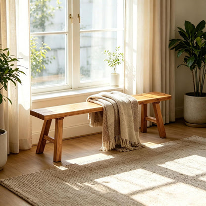 Farmhouse Indoor Wooden Living Room Dining Benchs Narrow Noodle Bench For Entryway 2" Thick Tabletop Skinny Bench For End Of Bed Solid Wood Shoe Benchs Easy To Assemble Sturdy For Kitchen(55.1")