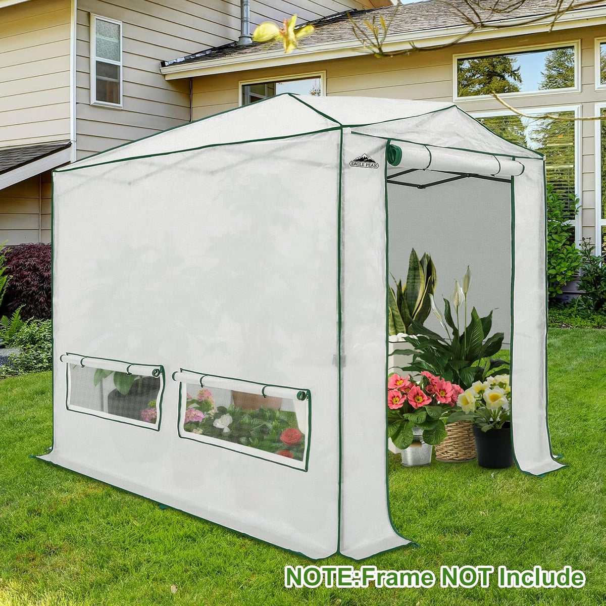 EAGLE PEAK Woven Replacement Cover for 8x6 Portable Walk-in Pop up Greenhouse, Front and Rear Roll-Up Zipper Entry Doors and 4 Roll-Up Side Windows (Frame Not Included), White