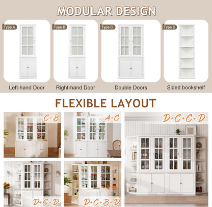 roomfitters 75.25'' Pantry Cabinet with Glass Door, Farmhouse Hutch Display Cabinet with Storage for Kitchen and Living Room, White
