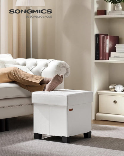 SONGMICS Storage Ottoman, Cube Ottoman with Legs, 15 x 15 x 15.7 Inches, Footstool, Footrest, 10 Gal. (37 L), Synthetic Leather, for Bedroom, Living Room, Dorm, Cloud White ULSF0512W02