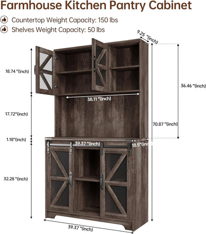 71" Farmhouse Pantry Storage Cabinet With LED Lights and Charging Station, Tall Kitchen Cupboard With Adjustable Shelves and Doors, Rustic Oak