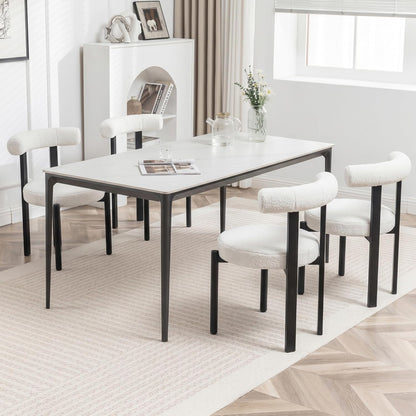Boucle Dining Chairs Set of 4 Mid Century Modern Dining Chairs Round Cushion Dining Room Chairs with Curved Back and Black Metal Legs for Kitchen, Living Room, Bedroom (Beige)