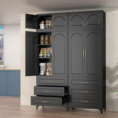 Polup Kitchen Pantry Cabinet with 3 Drawers, 90" Tall Metal Storage Cabinets with Doors and Shelves, Food Cupboards for Dining, Living Room, 16" D x 32" W x 90" H, Black, Assembly Required