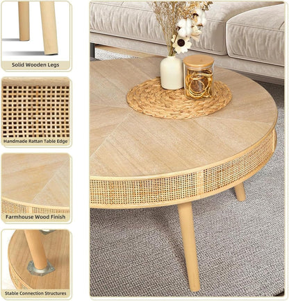 RUSTOWN 2-Piece Round Coffee Table Set with Rattan Accent, Soild Wood Leg, Farmhouse Modern Side Tables for Living Room, Boho Decor, Natural Finish