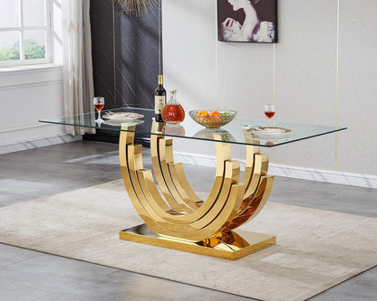 70inch Luxury Dining Table for 4 6, Modern Glass Kitchen Dining Room Table with Gold Mirrored Steel Base,Large Rectangle Tempered Glass Top Dinner Tables for Kitchen, Dining Room