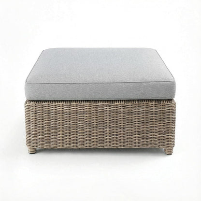 Martha Stewart Lily Pond Rattan Wicker Indoor-Outdoor Patio Ottoman in Weathered Gray with 4" Gray Olefin Cushion, Steel Frame and Zippered Removable Cushion Cover
